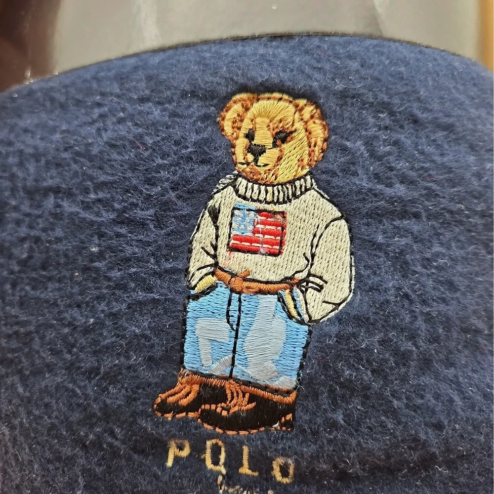 Ralph Lauren Home Fleece Throw Blanket Polo Bear Navy Blue Red Stitch New NOS